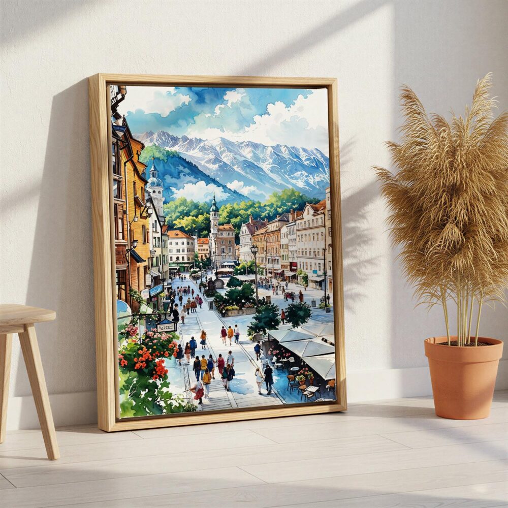 05 - Innsbruck Watercolor Canvas Print with Natural Floater Frame - Standing on Floor - Vertical.jpg 05 - Innsbruck Watercolor Canvas Print with Natural Floater Frame - Standing on Floor - Vertical.jpg