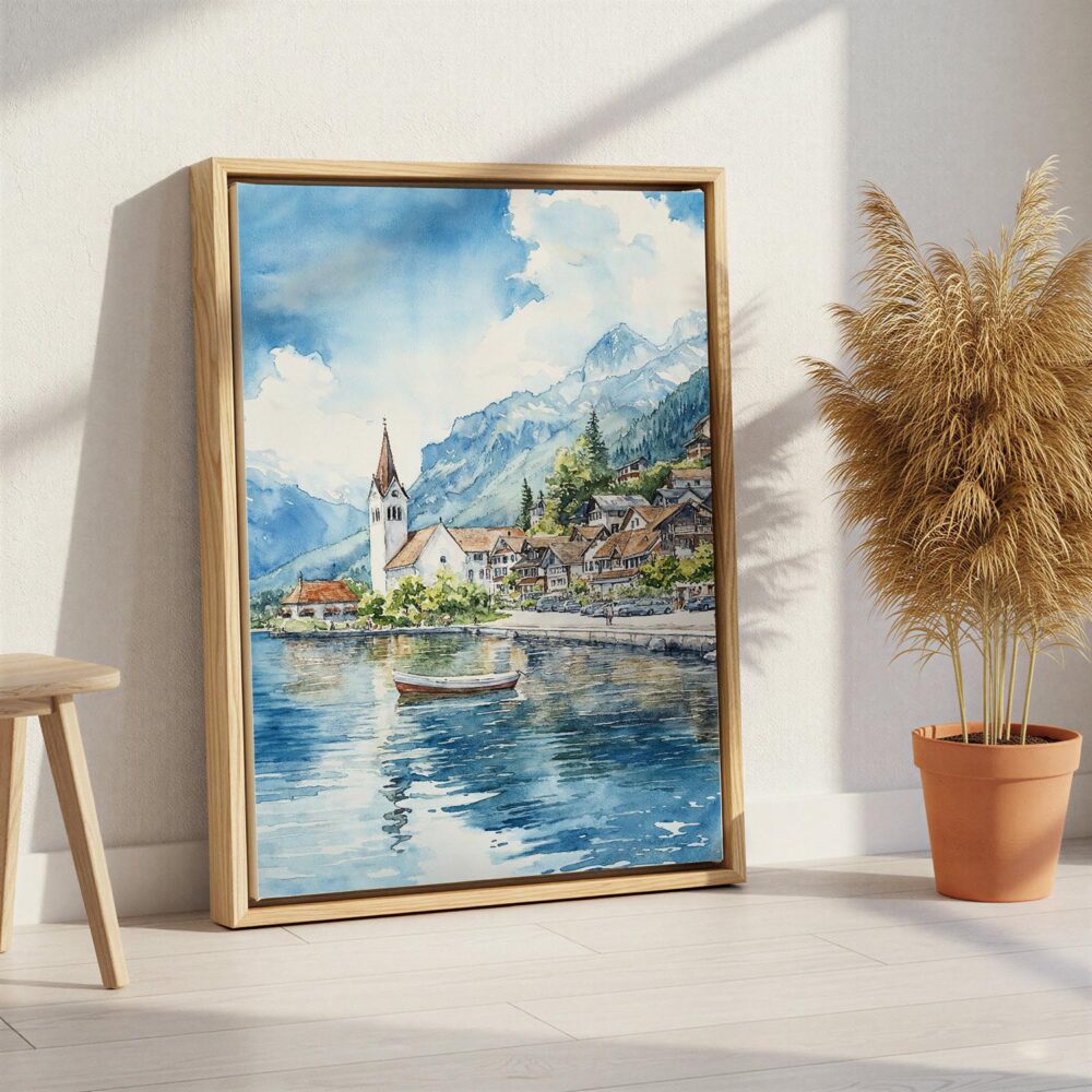 05 - Interlaken Watercolor Canvas Print with Natural Floater Frame - Standing on Floor - Vertical.jpg 05 - Interlaken Watercolor Canvas Print with Natural Floater Frame - Standing on Floor - Vertical.jpg