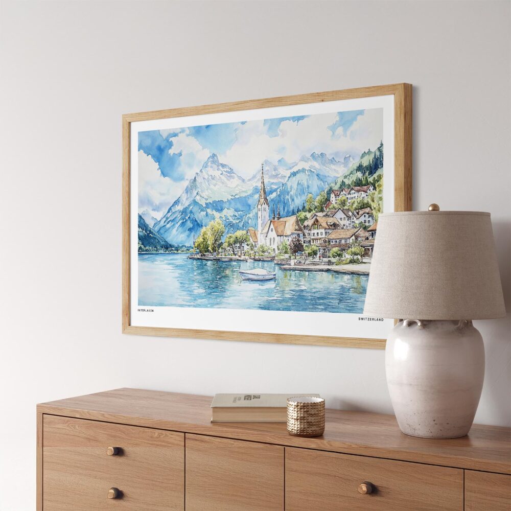 05 - Interlaken Watercolor - Horizontal Art Print in Natural Wood Frame Above Console.jpg 05 - Interlaken Watercolor - Horizontal Art Print in Natural Wood Frame Above Console.jpg