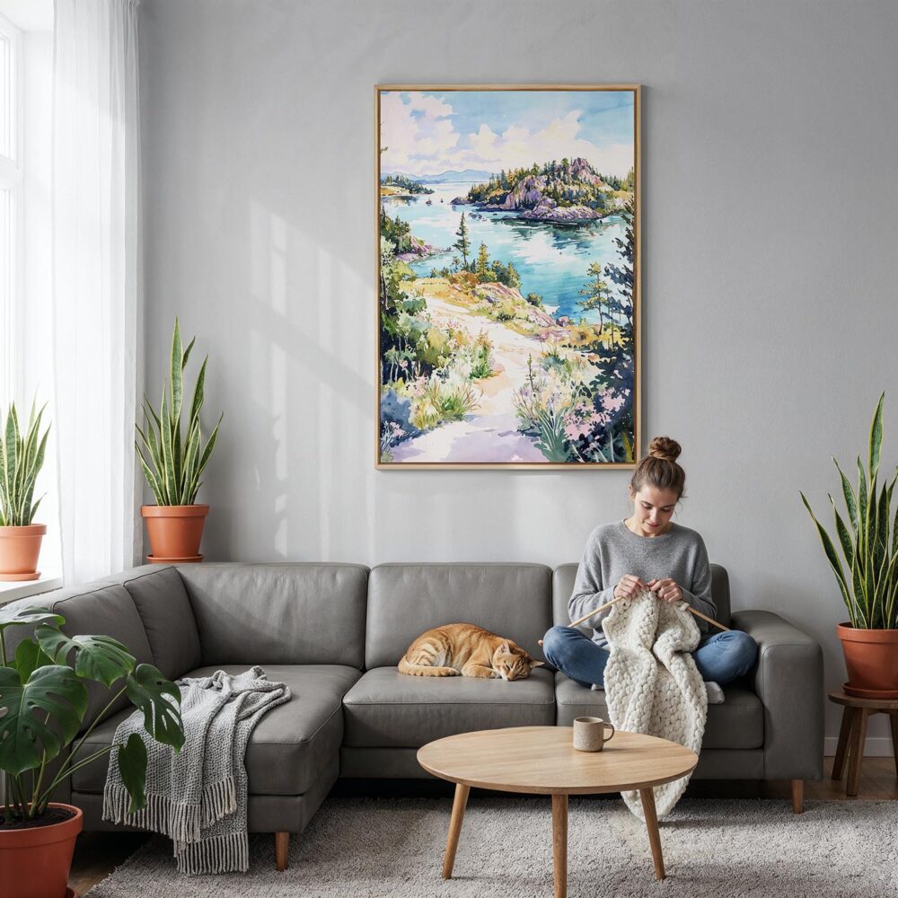 05 - Isle Royale National Park Watercolor Canvas Print with Natural Floater Frame - Woman Knitting on grey couch - Vertical.jpg 05 - Isle Royale National Park Watercolor Canvas Print with Natural Floater Frame - Woman Knitting on grey couch - Vertical.jpg