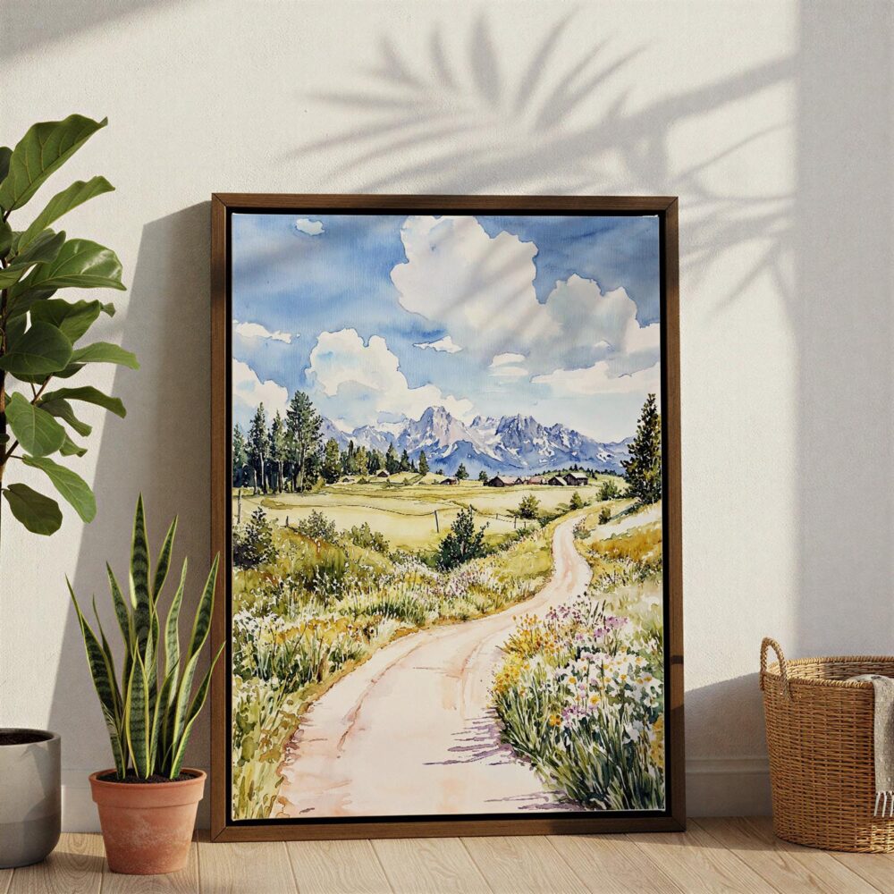 05 - Jackson Hole watercolor Canvas Print with Brown Floater Frame - Standing on Floor - Vertical.jpg 05 - Jackson Hole watercolor Canvas Print with Brown Floater Frame - Standing on Floor - Vertical.jpg