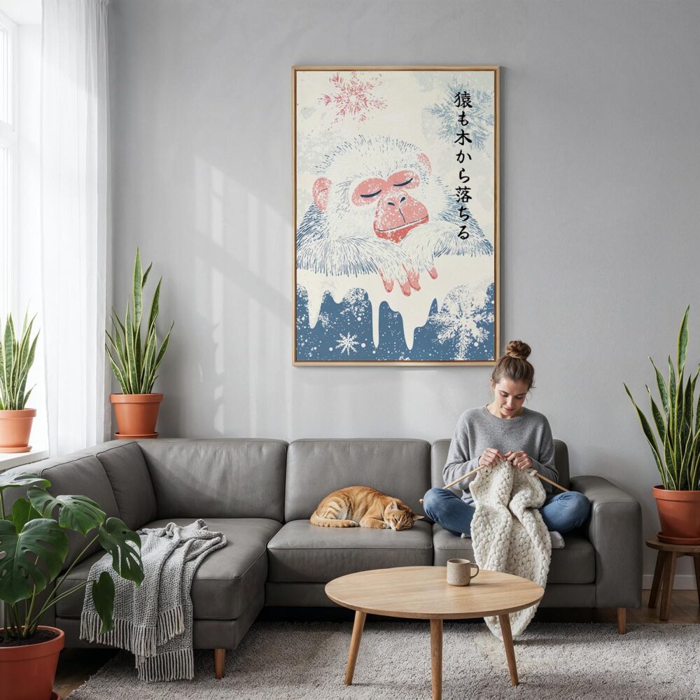 05 - Japanese Macaque Vintage Illustration Canvas Print with Natural Floater Frame - Woman Knitting on grey couch - Vertical.jpg 05 - Japanese Macaque Vintage Illustration Canvas Print with Natural Floater Frame - Woman Knitting on grey couch - Vertical.jpg