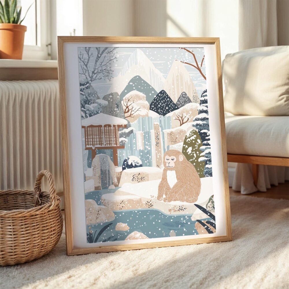 05 - Japanese Macaque in Outdoor Onsen Winter Landscape Illustration Art Print with Natural Wood Frame on floor.jpg 05 - Japanese Macaque in Outdoor Onsen Winter Landscape Illustration Art Print with Natural Wood Frame on floor.jpg