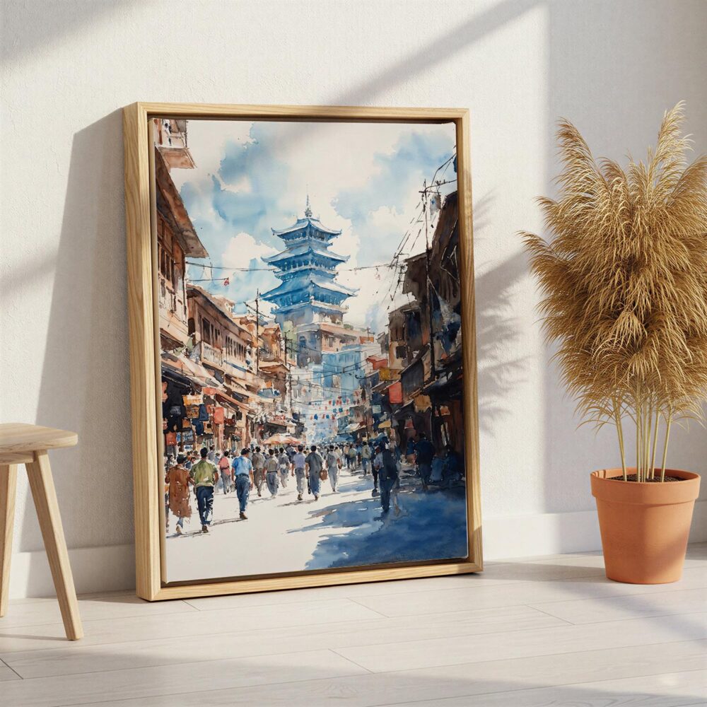 05 - Kathmandu Nepal Watercolor Canvas Print with Natural Floater Frame - Standing on Floor - Vertical.jpg 05 - Kathmandu Nepal Watercolor Canvas Print with Natural Floater Frame - Standing on Floor - Vertical.jpg