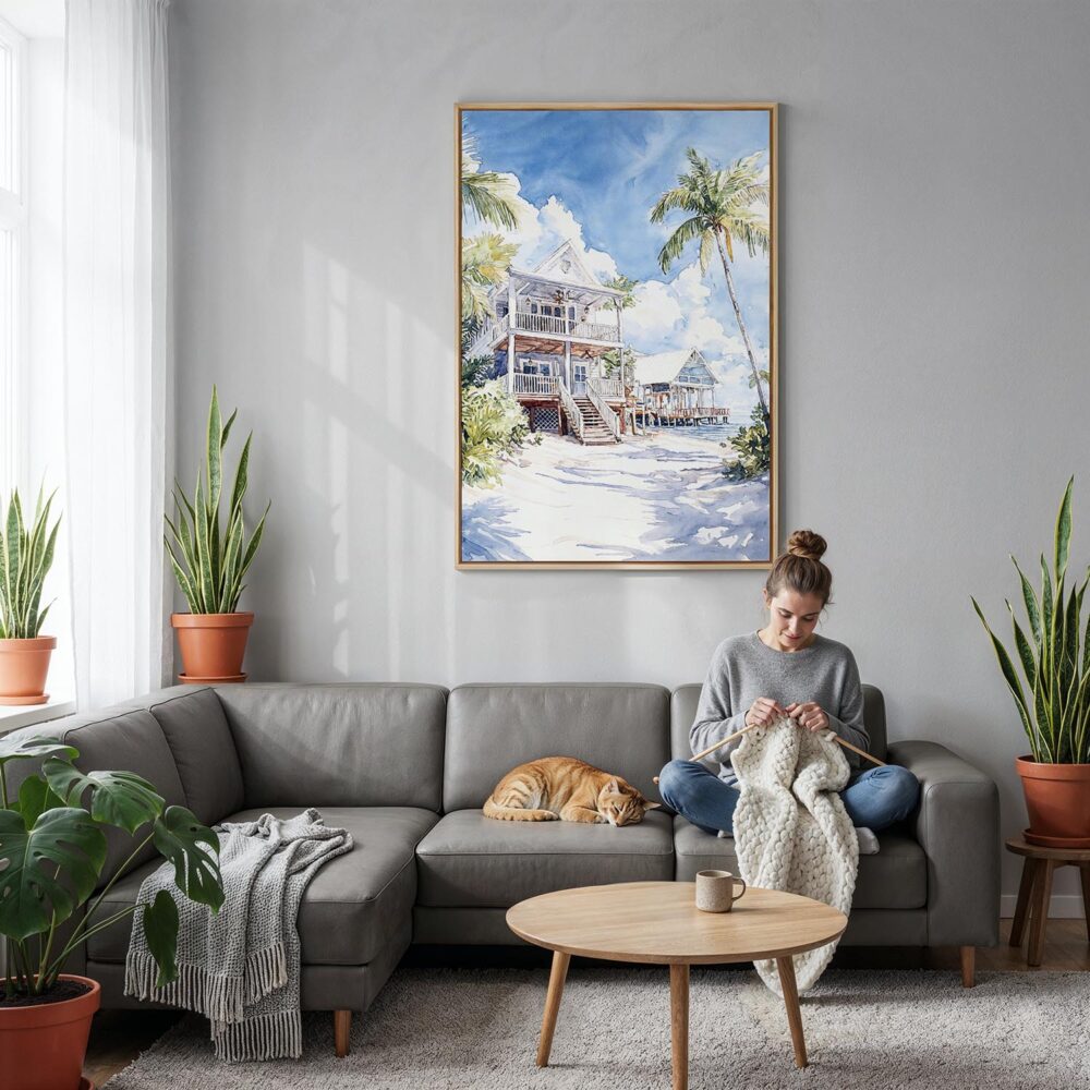 05 - Key West Beach House - Watercolor Canvas Print with Natural Floater Frame - Woman Knitting on grey couch - Vertical.jpg 05 - Key West Beach House - Watercolor Canvas Print with Natural Floater Frame - Woman Knitting on grey couch - Vertical.jpg
