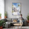 05 - Key West Beach House - Watercolor Canvas Print with Natural Floater Frame - Woman Knitting on grey couch - Vertical.jpg
