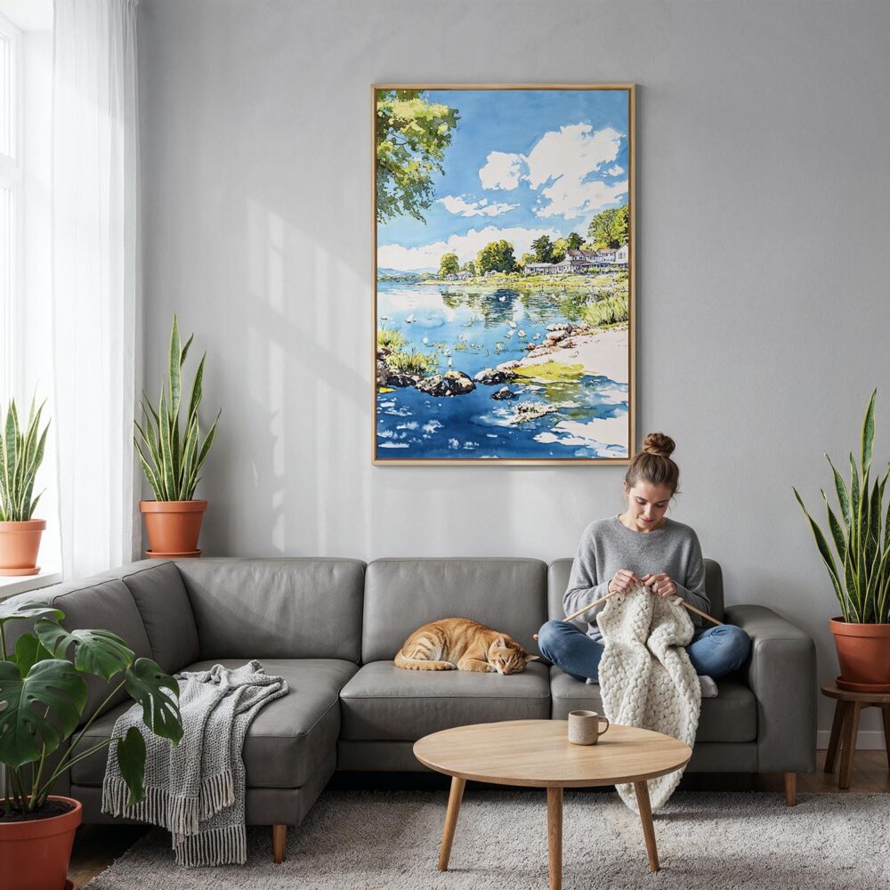 05 - Lake Windermere - Watercolor 2 Canvas Print with Natural Floater Frame - Woman Knitting on grey couch - Vertical.jpg 05 - Lake Windermere - Watercolor 2 Canvas Print with Natural Floater Frame - Woman Knitting on grey couch - Vertical.jpg