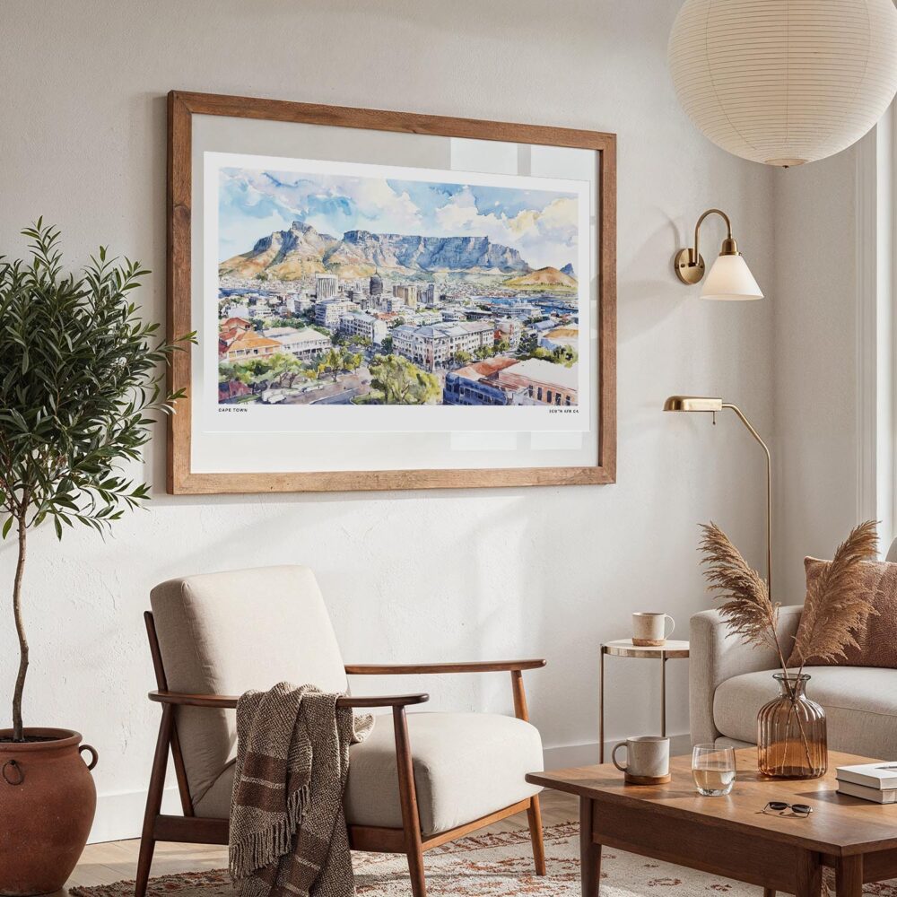 05 - Large Cape Town Watercolor - Horizontal Art Print in Boho Living Room with vintage Wood frame.jpg 05 - Large Cape Town Watercolor - Horizontal Art Print in Boho Living Room with vintage Wood frame.jpg