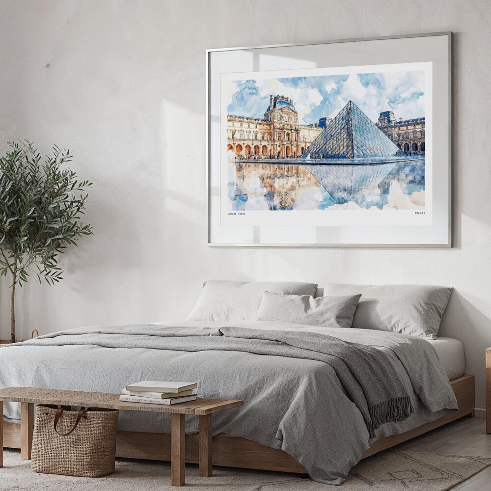 05 - Large Louvre Watercolor - Horizontal Art Print in Bedroom with Silver Metal Frame.jpg 05 - Large Louvre Watercolor - Horizontal Art Print in Bedroom with Silver Metal Frame.jpg