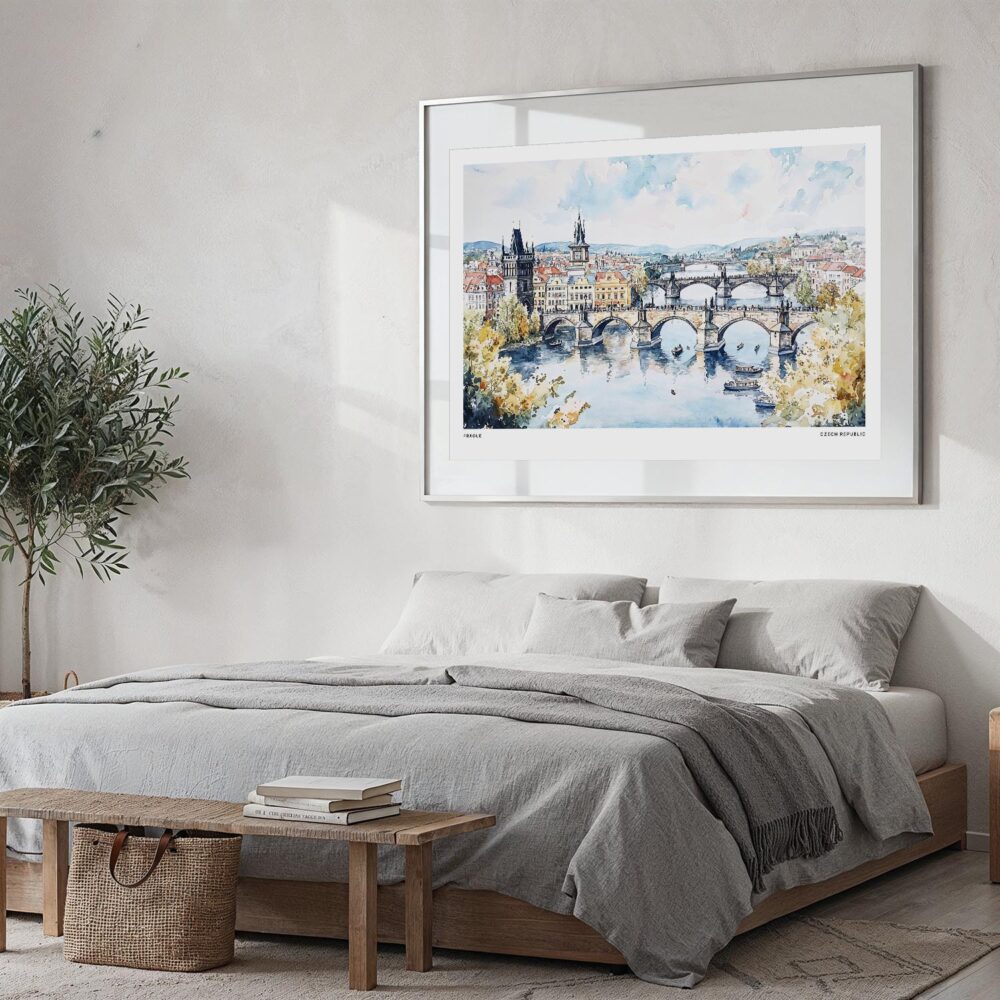 05 - Large Prague Skyline Watercolor - Horizontal Art Print in Bedroom with Silver Metal Frame.jpg 05 - Large Prague Skyline Watercolor - Horizontal Art Print in Bedroom with Silver Metal Frame.jpg