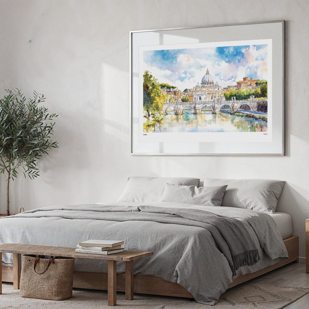 05 - Large Rome Vitrus Capitol Watercolor - Horizontal Art Print in Bedroom with Silver Metal Frame.jpg 05 - Large Rome Vitrus Capitol Watercolor - Horizontal Art Print in Bedroom with Silver Metal Frame.jpg