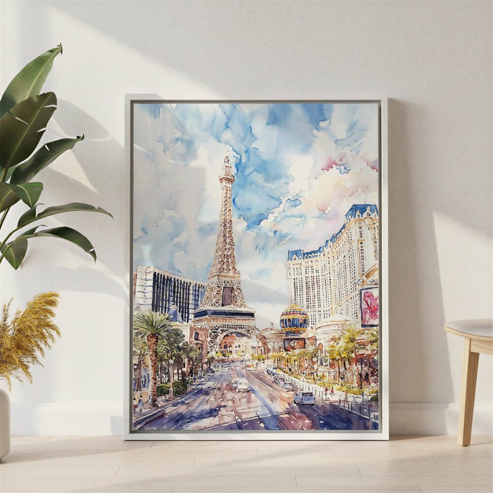 05 - Las Vegas Watercolor Canvas Print with White Floater Frame - Standing on Floor - Vertical.jpg 05 - Las Vegas Watercolor Canvas Print with White Floater Frame - Standing on Floor - Vertical.jpg