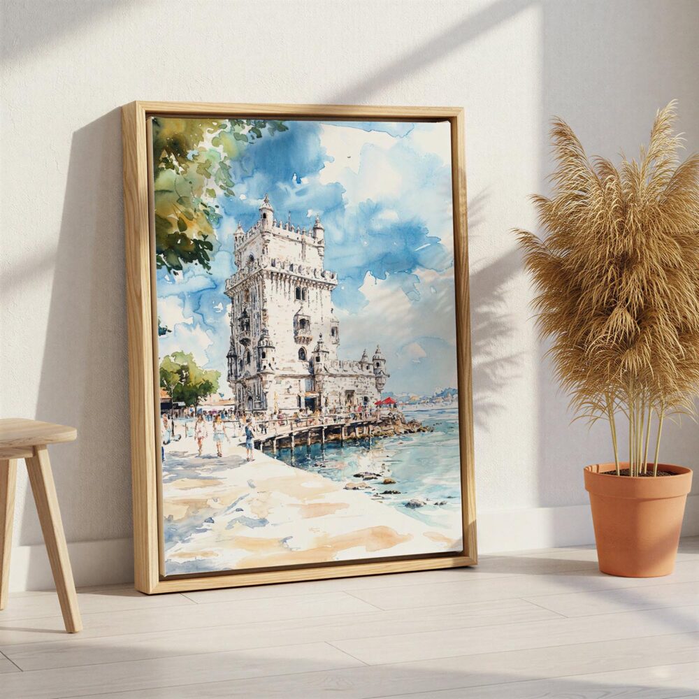 05 - Lisboa Torre de Belém Watercolor Canvas Print with Natural Floater Frame - Standing on Floor - Vertical.jpg 05 - Lisboa Torre de Belém Watercolor Canvas Print with Natural Floater Frame - Standing on Floor - Vertical.jpg