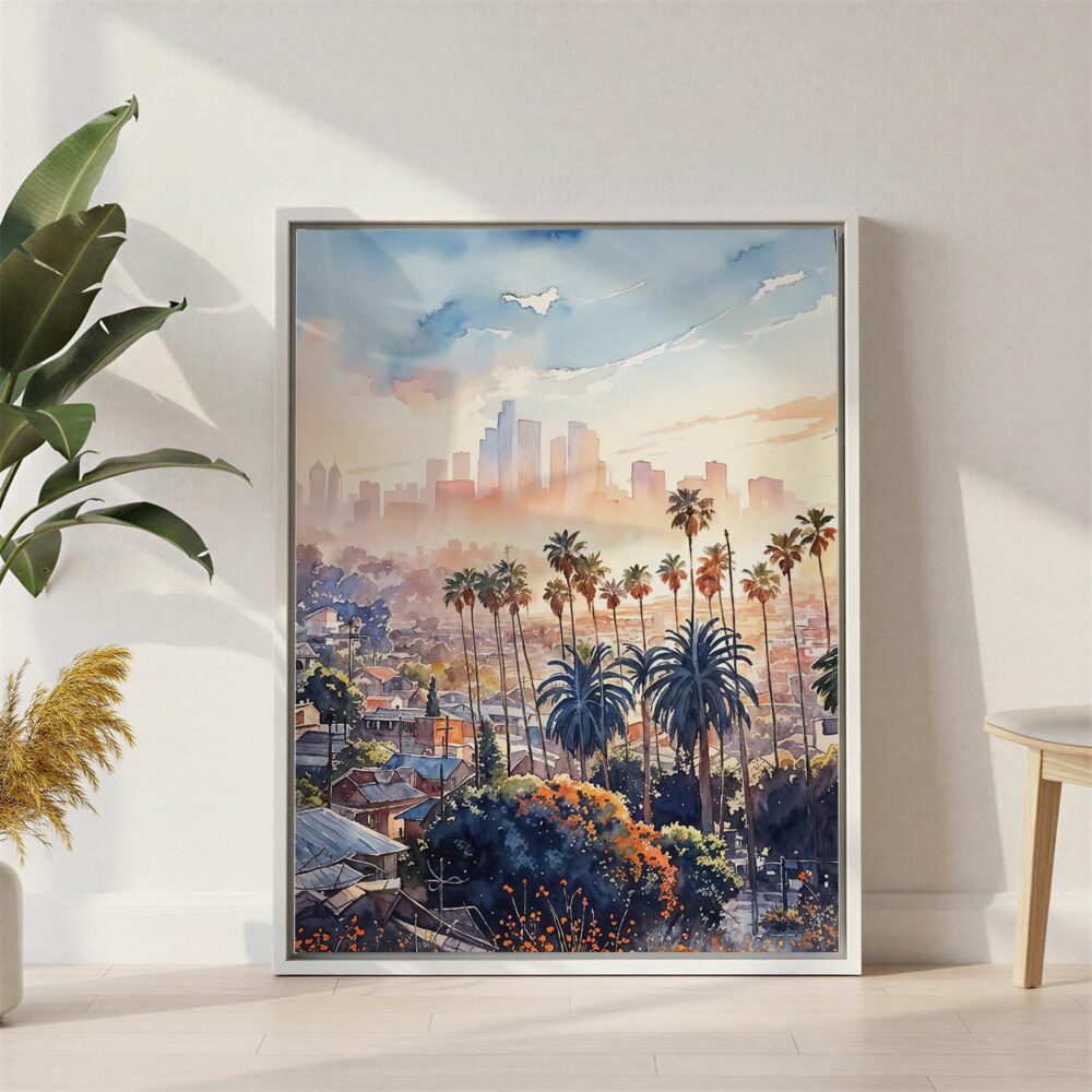 05 - Los Angeles Skyline Watercolor Canvas Print with White Floater Frame - Standing on Floor - Vertical.jpg 05 - Los Angeles Skyline Watercolor Canvas Print with White Floater Frame - Standing on Floor - Vertical.jpg
