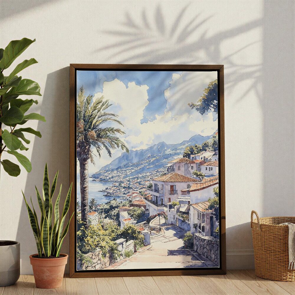 05 - Madeira - Watercolor Canvas Print with Brown Floater Frame - Standing on Floor - Vertical.jpg 05 - Madeira - Watercolor Canvas Print with Brown Floater Frame - Standing on Floor - Vertical.jpg