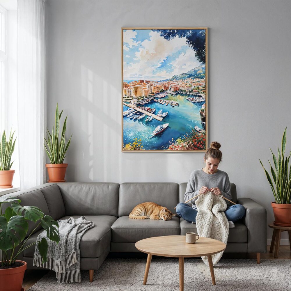 05 - Monaco France Watercolor Canvas Print with Natural Floater Frame - Woman Knitting on grey couch - Vertical.jpg 05 - Monaco France Watercolor Canvas Print with Natural Floater Frame - Woman Knitting on grey couch - Vertical.jpg