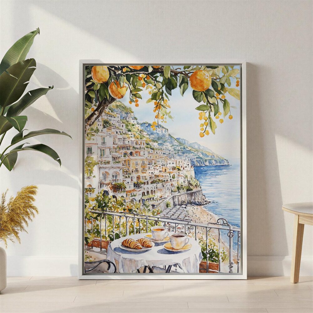 05 - Morning Coffee in Amalfi Coast Watercolor Canvas Print with White Floater Frame - Standing on Floor - Vertical.jpg 05 - Morning Coffee in Amalfi Coast Watercolor Canvas Print with White Floater Frame - Standing on Floor - Vertical.jpg