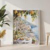 05 - Morning Coffee in Amalfi Coast Watercolor Canvas Print with White Floater Frame - Standing on Floor - Vertical.jpg