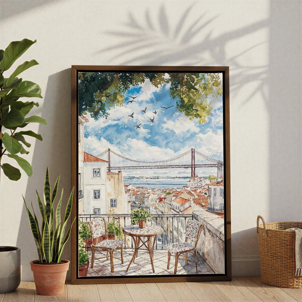 05 - Morning Coffee in Lisbon Watercolor Canvas Print with Brown Floater Frame - Standing on Floor - Vertical.jpg 05 - Morning Coffee in Lisbon Watercolor Canvas Print with Brown Floater Frame - Standing on Floor - Vertical.jpg