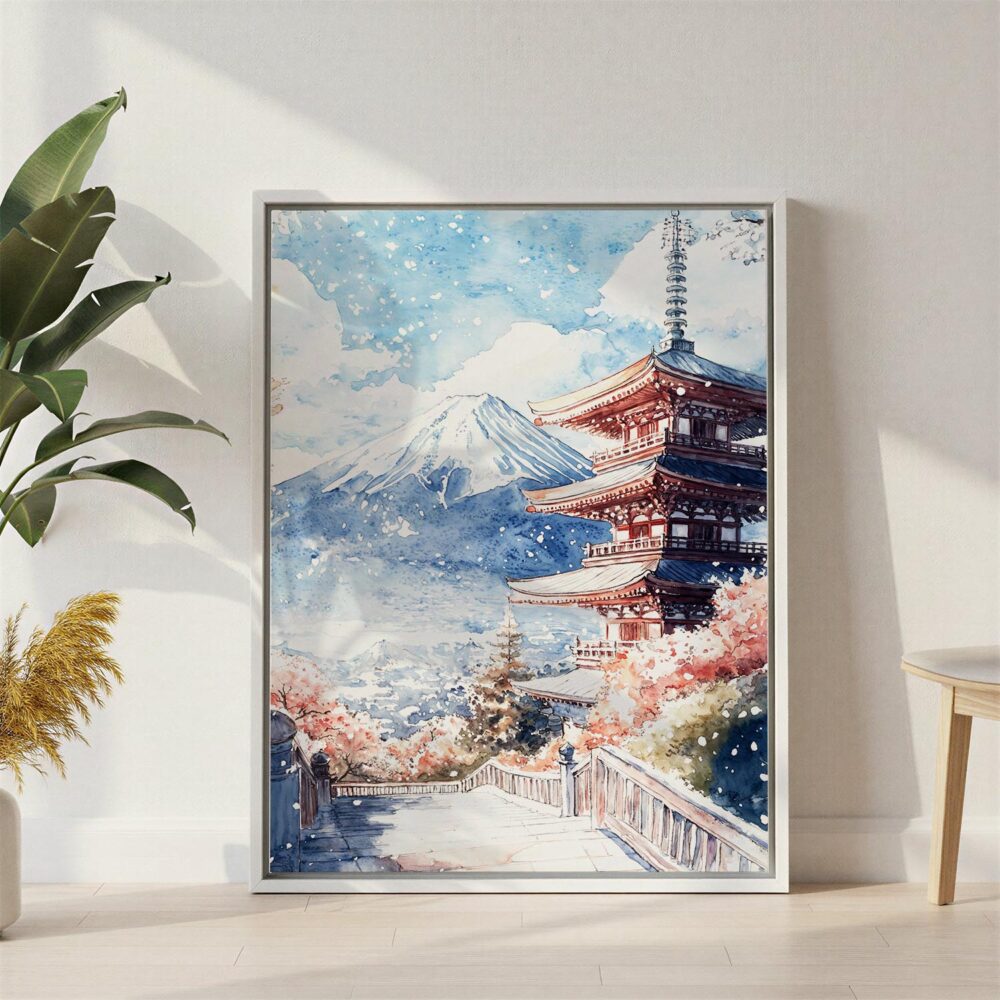 05 - Mount Fuji and Pagoda Watercolor Canvas Print with White Floater Frame - Standing on Floor - Vertical.jpg 05 - Mount Fuji and Pagoda Watercolor Canvas Print with White Floater Frame - Standing on Floor - Vertical.jpg