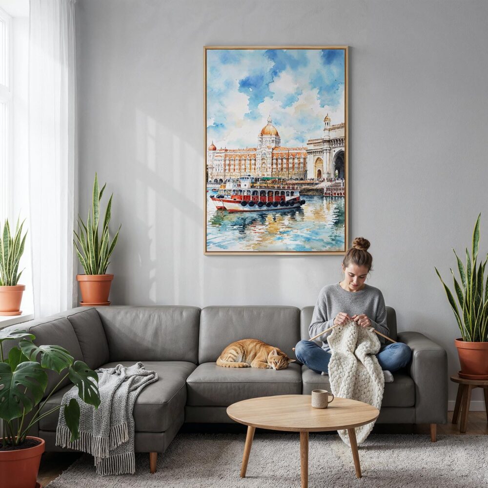 05 - Mumbai Taj Mahal Palace Watercolor Canvas Print with Natural Floater Frame - Woman Knitting on grey couch - Vertical.jpg 05 - Mumbai Taj Mahal Palace Watercolor Canvas Print with Natural Floater Frame - Woman Knitting on grey couch - Vertical.jpg