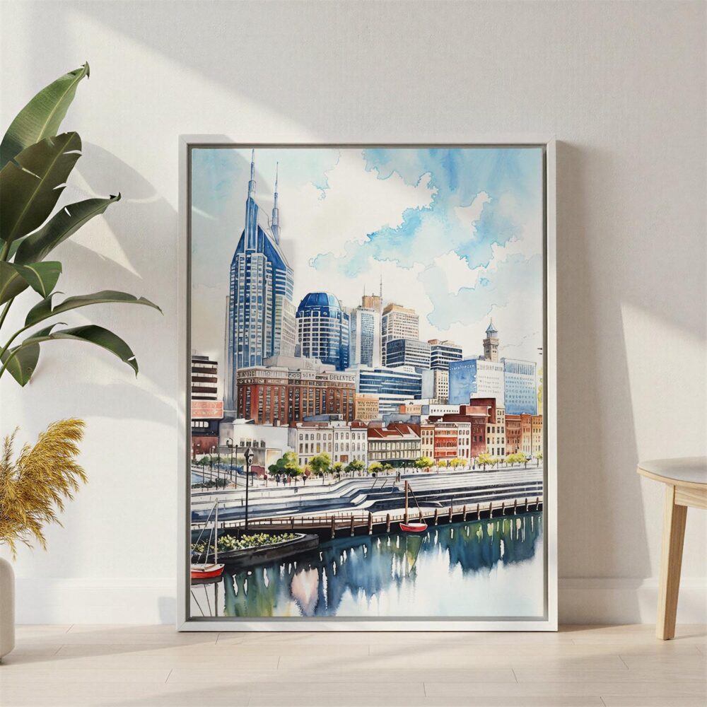 05 - Nashville Skyline Watercolor Canvas Print with White Floater Frame - Standing on Floor - Vertical.jpg 05 - Nashville Skyline Watercolor Canvas Print with White Floater Frame - Standing on Floor - Vertical.jpg
