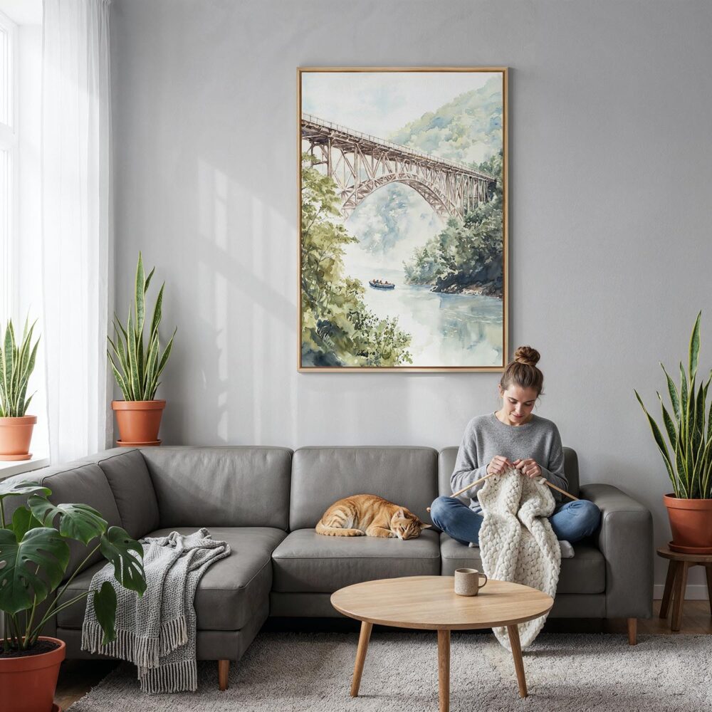05 - New river gorge Bridge Watercolor Canvas Print with Natural Floater Frame - Woman Knitting on grey couch - Vertical.jpg 05 - New river gorge Bridge Watercolor Canvas Print with Natural Floater Frame - Woman Knitting on grey couch - Vertical.jpg