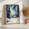 05 - Nothern Lights Finland Watercolor Canvas Print with Natural Floater Frame - Standing on Floor - Vertical.jpg