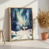 05 - Nothern Lights Finland Watercolor Canvas Print with Natural Floater Frame - Standing on Floor - Vertical.jpg