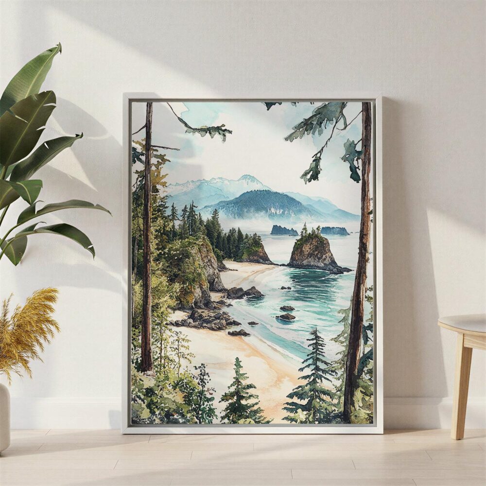05 - Olympic National Park Watercolor Canvas Print with White Floater Frame - Standing on Floor - Vertical.jpg 05 - Olympic National Park Watercolor Canvas Print with White Floater Frame - Standing on Floor - Vertical.jpg
