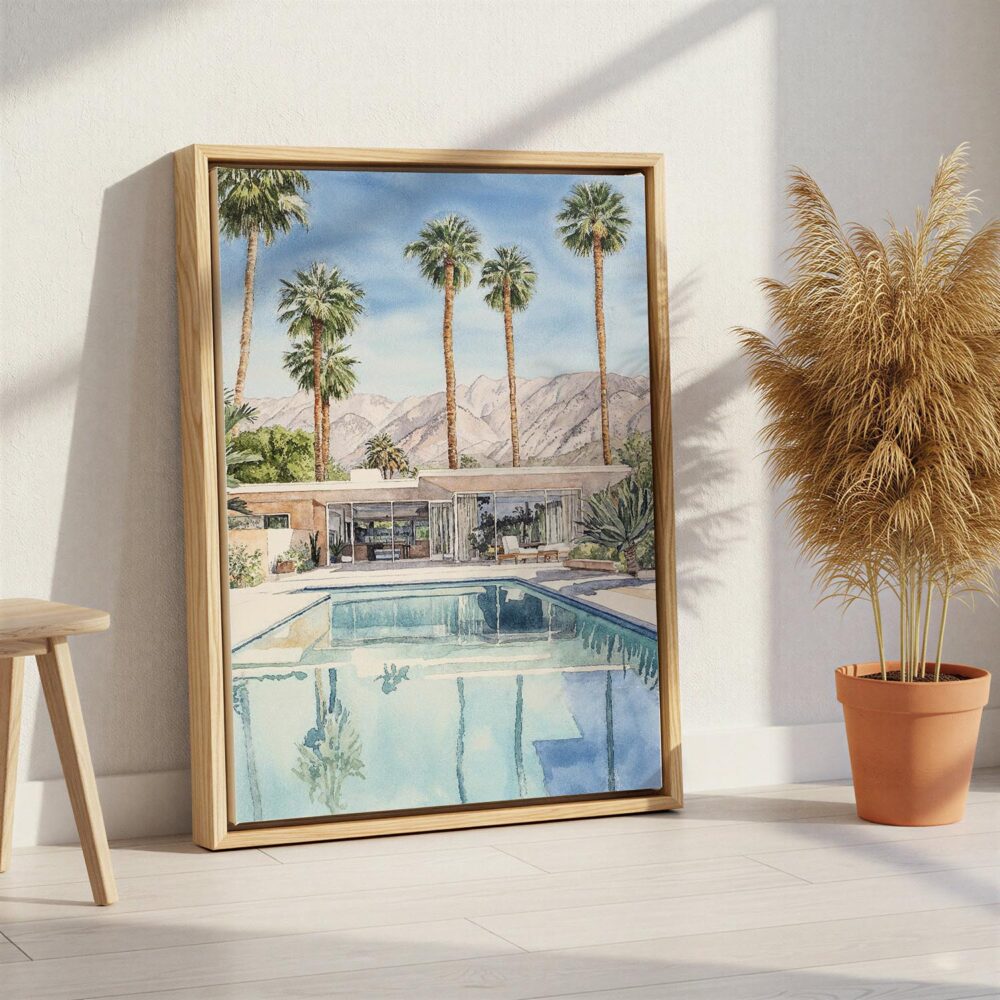 05 - Palm Springs Pool Villa Watercolor Canvas Print with Natural Floater Frame - Standing on Floor - Vertical.jpg 05 - Palm Springs Pool Villa Watercolor Canvas Print with Natural Floater Frame - Standing on Floor - Vertical.jpg