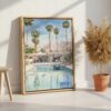 05 - Palm Springs Pool Villa Watercolor Canvas Print with Natural Floater Frame - Standing on Floor - Vertical.jpg