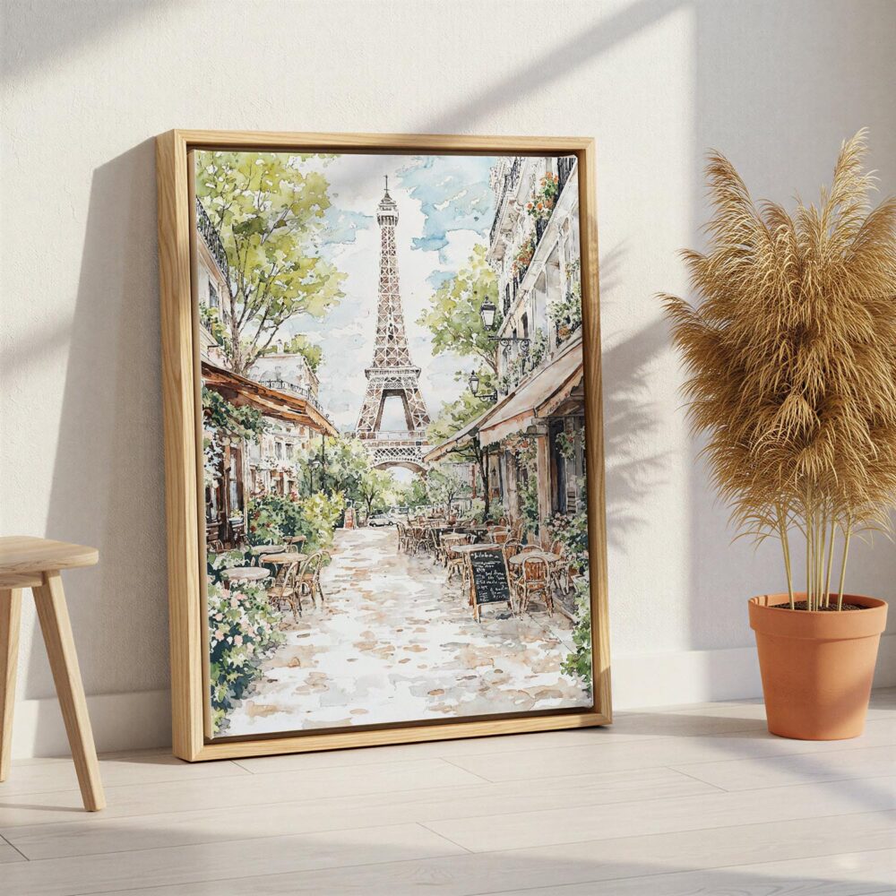 05 - Paris Cafe street scene with eiffel tower Watercolor Canvas Print with Natural Floater Frame - Standing on Floor - Vertical.jpg 05 - Paris Cafe street scene with eiffel tower Watercolor Canvas Print with Natural Floater Frame - Standing on Floor - Vertical.jpg