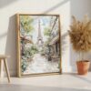 05 - Paris Cafe street scene with eiffel tower Watercolor Canvas Print with Natural Floater Frame - Standing on Floor - Vertical.jpg