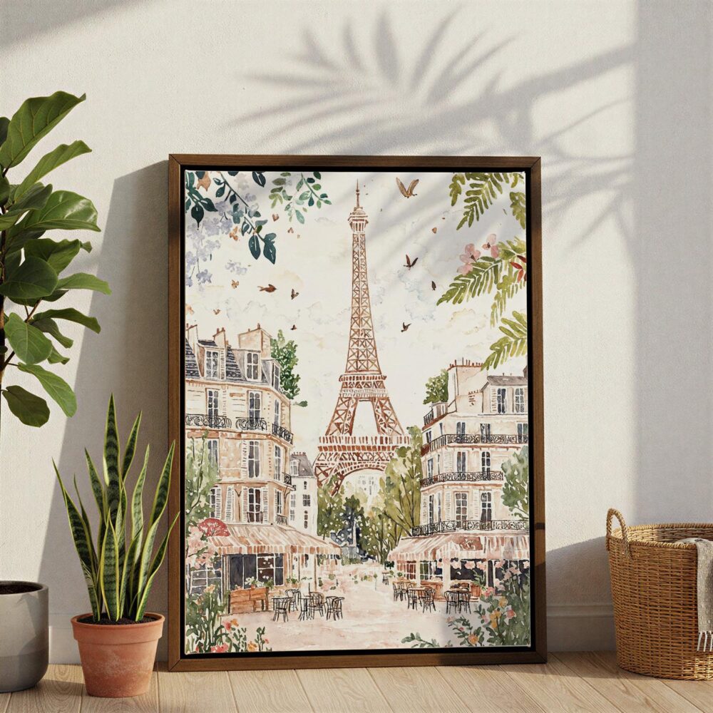 05 - Paris Eiffel Tower Soft Watercolor Canvas Print with Brown Floater Frame - Standing on Floor - Vertical.jpg 05 - Paris Eiffel Tower Soft Watercolor Canvas Print with Brown Floater Frame - Standing on Floor - Vertical.jpg