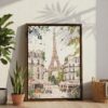 05 - Paris Eiffel Tower Soft Watercolor Canvas Print with Brown Floater Frame - Standing on Floor - Vertical.jpg