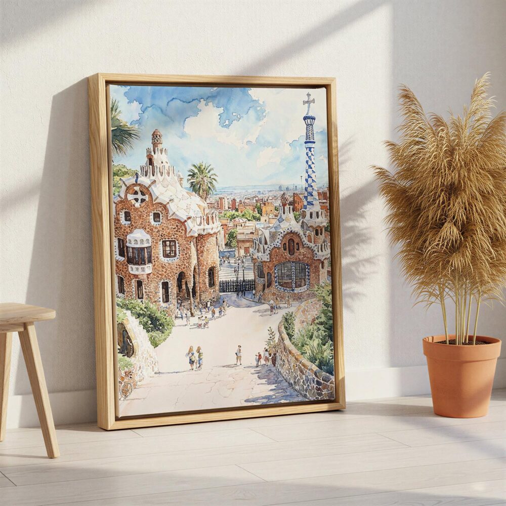 05 - Park Guell - Watercolor Canvas Print with Natural Floater Frame - Standing on Floor - Vertical.jpg 05 - Park Guell - Watercolor Canvas Print with Natural Floater Frame - Standing on Floor - Vertical.jpg