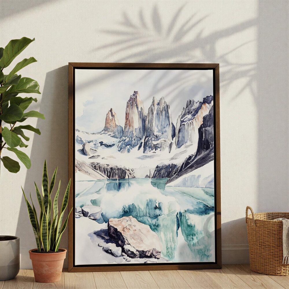 05 - Patagonia Torres Del Paine Watercolor Canvas Print with Brown Floater Frame - Standing on Floor - Vertical.jpg 05 - Patagonia Torres Del Paine Watercolor Canvas Print with Brown Floater Frame - Standing on Floor - Vertical.jpg