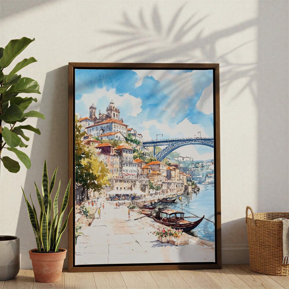 05 - Porto Ribeira Watercolor Canvas Print with Brown Floater Frame - Standing on Floor - Vertical.jpg 05 - Porto Ribeira Watercolor Canvas Print with Brown Floater Frame - Standing on Floor - Vertical.jpg