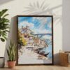 05 - Porto Ribeira Watercolor Canvas Print with Brown Floater Frame - Standing on Floor - Vertical.jpg