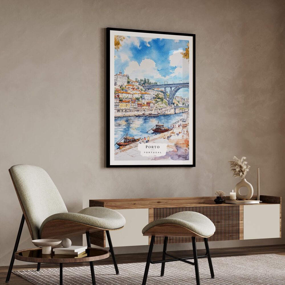05 - Porto Ribeira with Dom Luis Bridge Watercolor Art Print with Black Frame in Japandi Living Room.jpg 05 - Porto Ribeira with Dom Luis Bridge Watercolor Art Print with Black Frame in Japandi Living Room.jpg