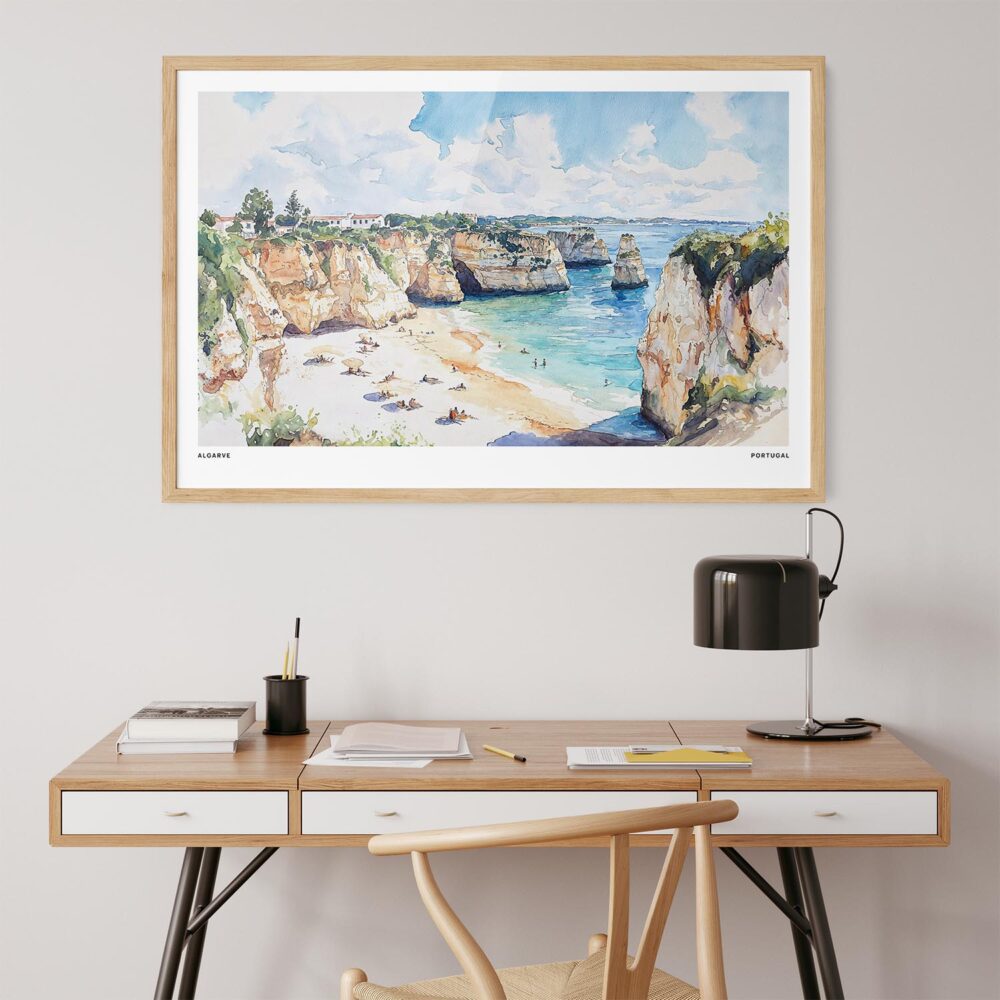 05 - Portugal Algarve Watercolor - Horizontal Art Print in Natural Wood Frame above work desk.jpg 05 - Portugal Algarve Watercolor - Horizontal Art Print in Natural Wood Frame above work desk.jpg