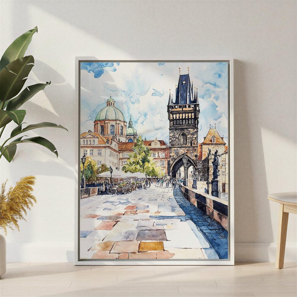 05 - Prague Charles Bridge Watch Tower- Watercolor Canvas Print with White Floater Frame - Standing on Floor - Vertical.jpg 05 - Prague Charles Bridge Watch Tower- Watercolor Canvas Print with White Floater Frame - Standing on Floor - Vertical.jpg