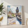 05 - Prague Charles Bridge Watch Tower- Watercolor Canvas Print with White Floater Frame - Standing on Floor - Vertical.jpg