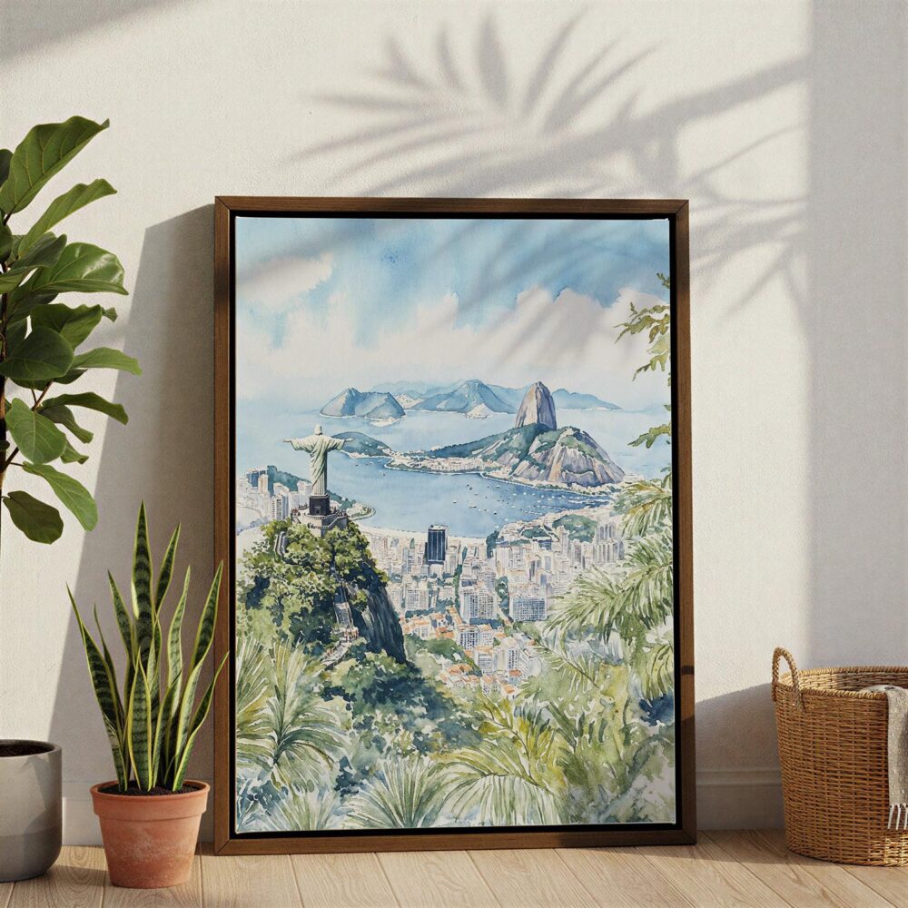 05 - Rio De Janeiro Watercolor Canvas Print with Brown Floater Frame - Standing on Floor - Vertical.jpg 05 - Rio De Janeiro Watercolor Canvas Print with Brown Floater Frame - Standing on Floor - Vertical.jpg