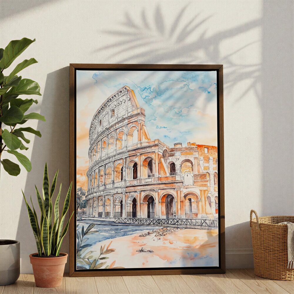 05 - Rome Colosseum Watercolor Canvas Print with Brown Floater Frame - Standing on Floor - Vertical.jpg 05 - Rome Colosseum Watercolor Canvas Print with Brown Floater Frame - Standing on Floor - Vertical.jpg
