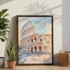 05 - Rome Colosseum Watercolor Canvas Print with Brown Floater Frame - Standing on Floor - Vertical.jpg
