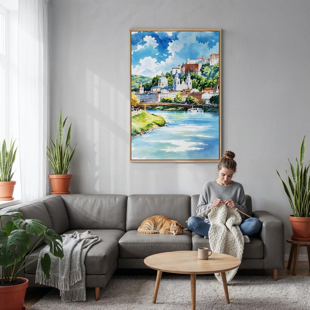05 - Salzburg Austria Watercolor Canvas Print with Natural Floater Frame - Woman Knitting on grey couch - Vertical.jpg 05 - Salzburg Austria Watercolor Canvas Print with Natural Floater Frame - Woman Knitting on grey couch - Vertical.jpg
