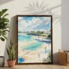05 - San Diego Beach Watercolor Canvas Print with Brown Floater Frame - Standing on Floor - Vertical.jpg