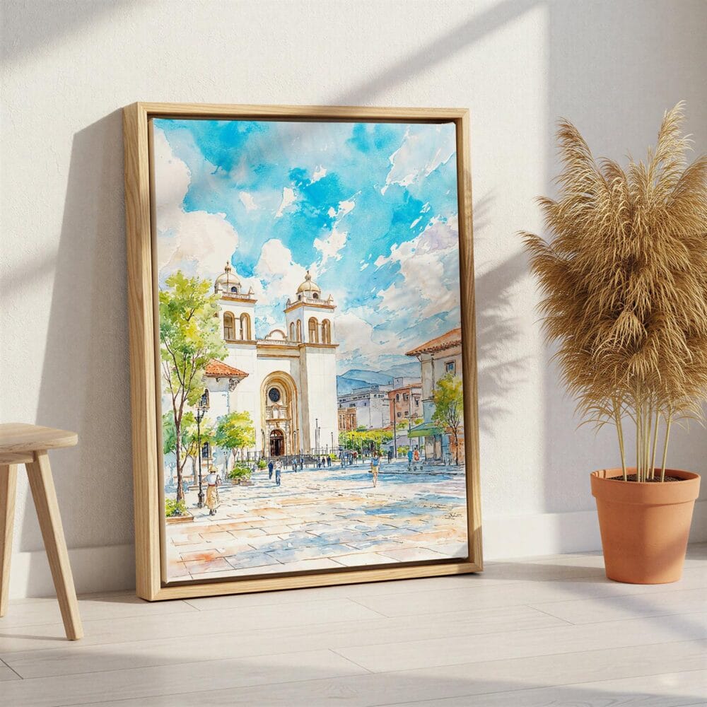05 - San Salvador Watercolor Canvas Print with Natural Floater Frame - Standing on Floor - Vertical.jpg 05 - San Salvador Watercolor Canvas Print with Natural Floater Frame - Standing on Floor - Vertical.jpg